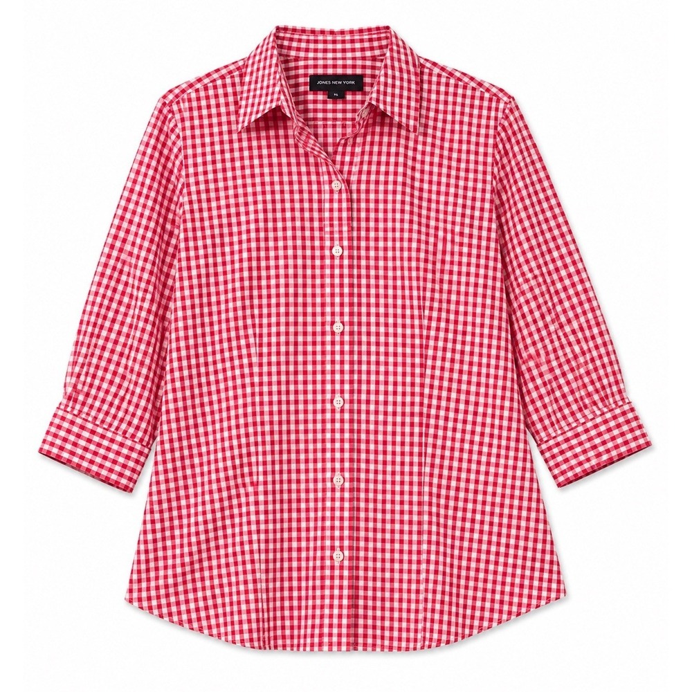 Jones New York Women's M/L Button Down Blouse Pink White Check 3/4 Slv Easy Care